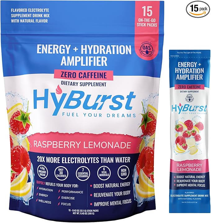 Electrolytes Powder Packets with 13 Essential Nutrients, Improve Energy & Focus, 100mg L-Theanine Nootropics, Non-GMO, Vegan, Gluten Free, Raspberry Lemonade Drink Mix, (15 Pack)