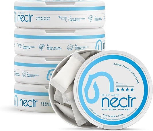 Nectr Energy Nootropic Pouches – Mild Mint Flavored, Caffeine Pouches with Cognizin® Citicoline. Sugar-Free Brain Treats. Smooth, Sustained Focus & Energy Supplement - 5 Pucks of 16pcs