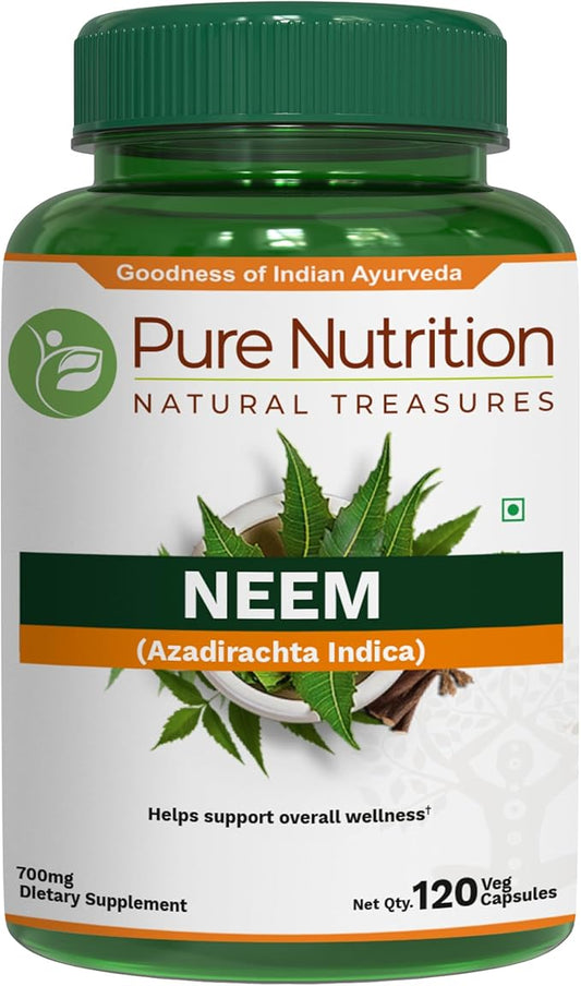 Pure Nutrition Neem Capsules 700mg. (Equivalent to 2600mg Neem Leaf Powder and Bark Powder) Non GMO | Once Daily | 120 Days Supply.
