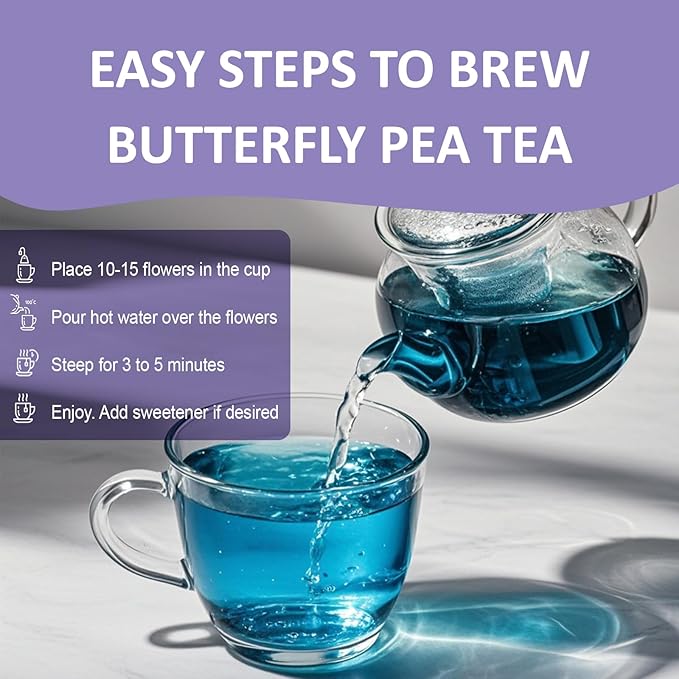 Ovikaso Tea, Butterfly Pea Flower Tea, 3.53 oz (300+ Cups), 100% Natural, Non-GMO, No Caffeine, Brew Hot or Iced tea, Baking, Cocktail, Herbal Tea