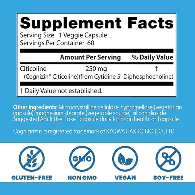 Doctor's Best Citicoline CDP-Choline, Supports Brain Health, Non-GMO, Gluten Free, Soy Free, Vegan 60 Veggie Caps