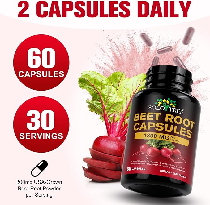 Beet Root Capsules for Natural Energy & Endurance Support,1300mg Beetroot Powder,Beet Supplement to Support Circulation and Blood Flow- 60 Capsules,30-Day Supply