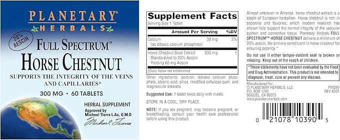 Planetary Herbals Full Spectrum Horse Chestnut Tablets, White Bottle 60 Count (Pack of 1)