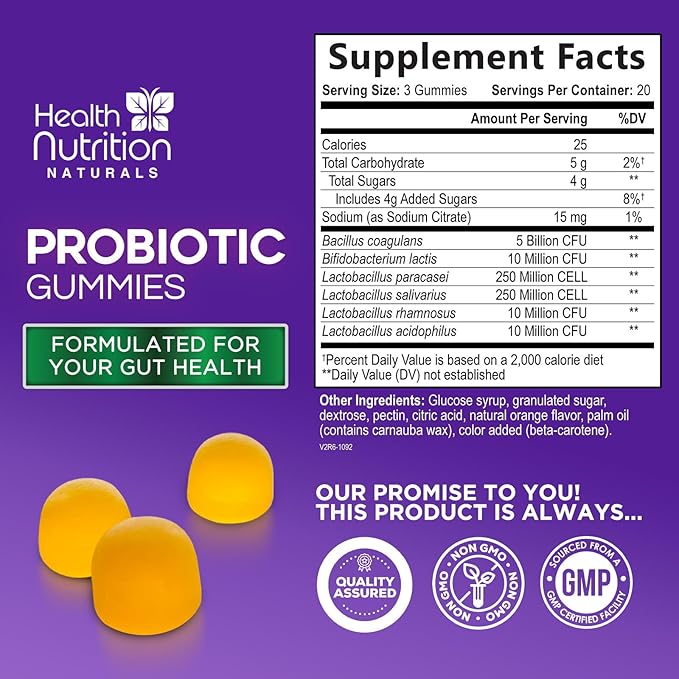Probiotic Gummies for Women & Men - 5 Billion CFUs Gut Health Support Gummy, Daily Probiotics Supplement for Digestive Health Gummy, Probiotic Strains for Immune Support, Non-GMO & Vegan - 60 Gummies