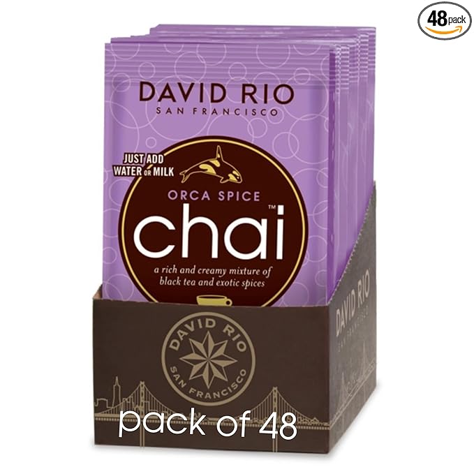 Orca Spice Reduced Calorie Chai Tea Latte Mix, .63 Oz (Pack of 48), Single Serve Packets, Black Tea, Organic Spices, Sugar Free, Dairy Free, Serve Hot or Cold, Just Add Water or Milk