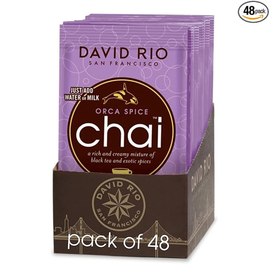 Orca Spice Reduced Calorie Chai Tea Latte Mix, .63 Oz (Pack of 48), Single Serve Packets, Black Tea, Organic Spices, Sugar Free, Dairy Free, Serve Hot or Cold, Just Add Water or Milk