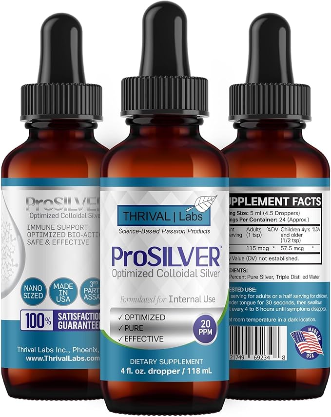 ProSILVER Blue Label 20 PPM True Colloidal Silver Liquid Drops (4oz Dropper), Optimized Bio-Active Nano-Sized Liquid Silver for Immune Support, Dark Glass Bottle - Thrival Labs (Plata coloidal)