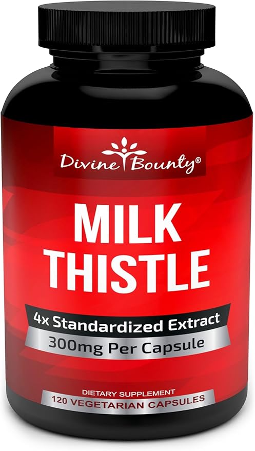 Divine Bounty Pure Milk Thistle Capsules Supplement - A Potent 1200mg Milk Thistle Supplement with 4X Concentrated Extract (Standardized) 120 Vegetarian Capsules