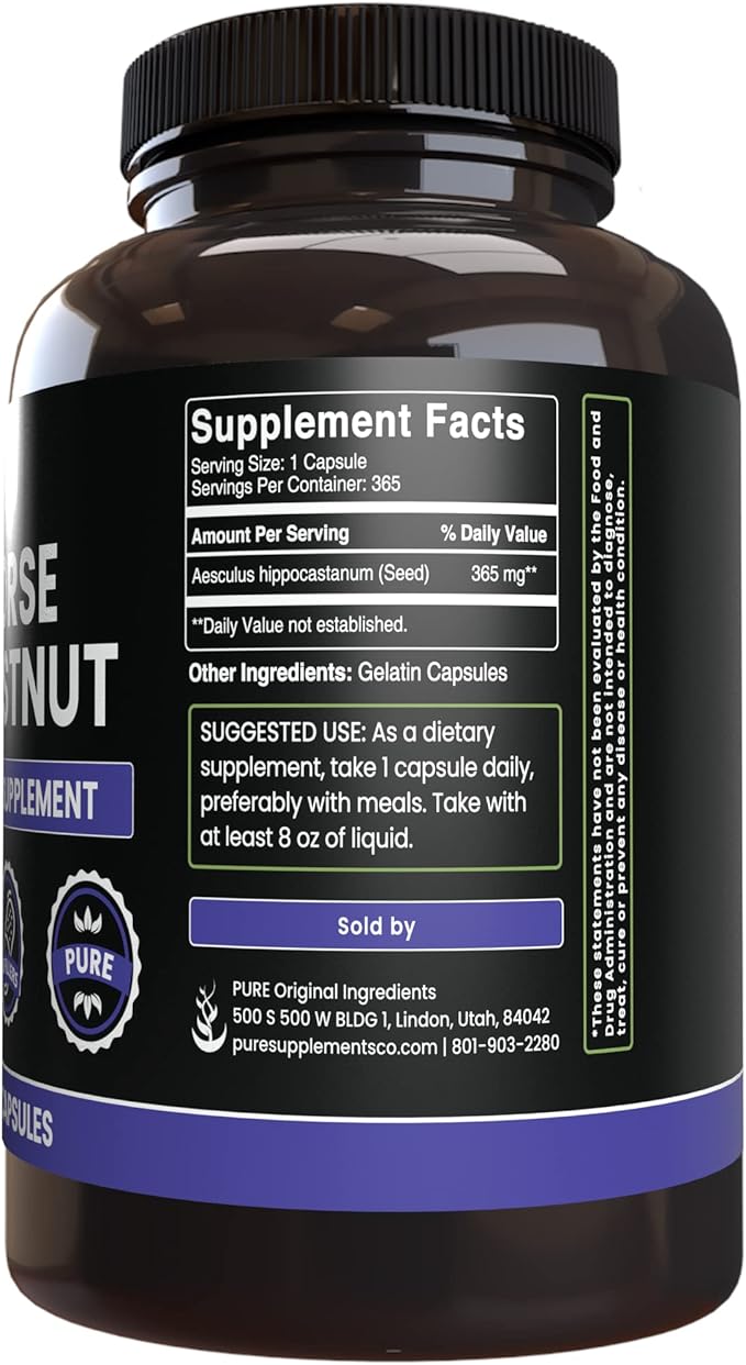 PURE ORIGINAL INGREDIENTS Horse Chestnut (365 Capsule), No Magnesium Or Rice Fillers, Always Pure, Lab Verified