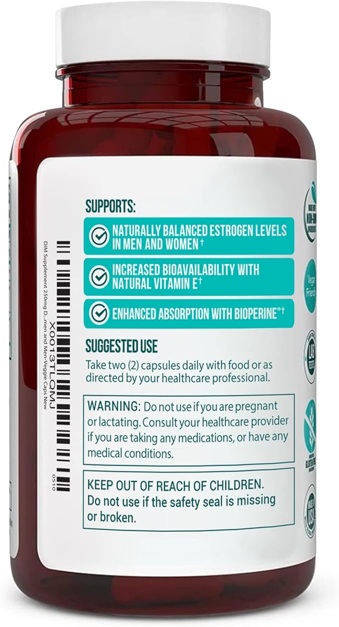 DIM Supplement 250mg (Diindolylmethane)-Plus Dong Quai, Natural Vitamin E & BioPerine - Supports Menopause Relief & Hormonal Acne -Hormone Balance Support for Women and Men-Veggie Caps