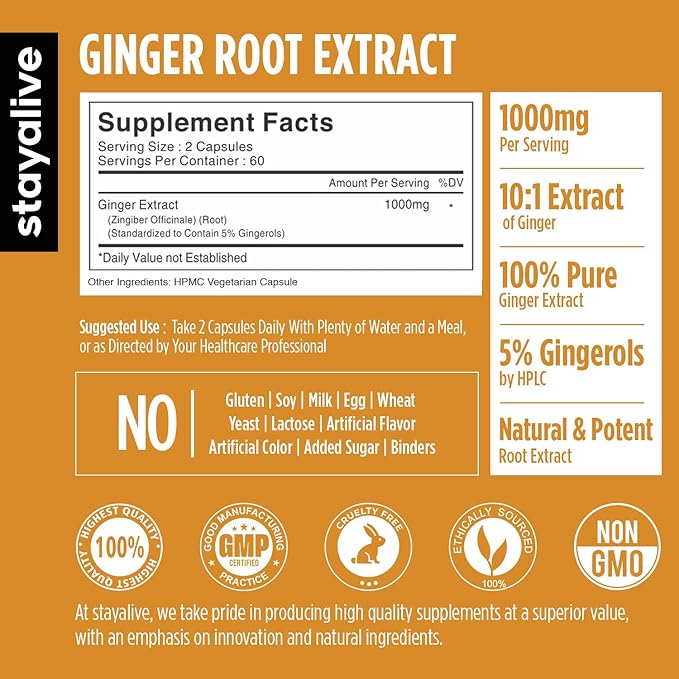 STAY ALIVE Pure Ginger Root Capsules 1000mg, 10:1 Extract Powder with 5% Gingerols, 120 Pills, Extra Strength Root Powder, Vegan, Non-GMO and Gluten-Free Ginger Supplement