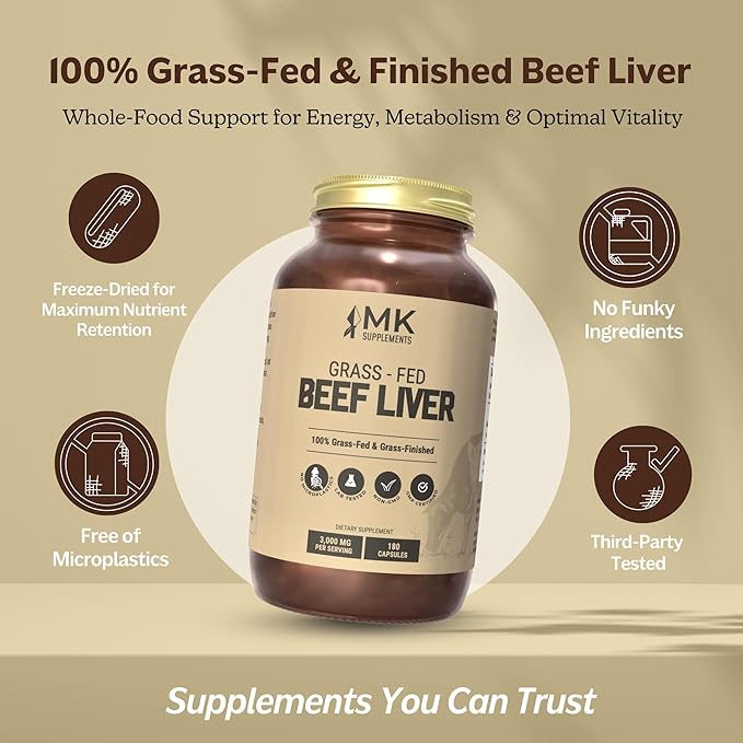 MK Supplements – Grass Fed Beef Liver 3000 mg, Freeze-Dried Beef Liver Capsules, 100% Pasture-Raised in New Zealand, 180 Liver Capsules, 45-Day Supply