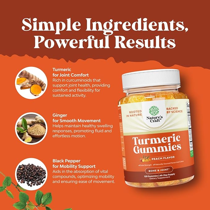 Turmeric Gummies for Adults Peach Flavor - Extra Strength Joint Support Gummies with Turmeric Curcumin with Black Pepper Extract and Ginger - and Ginger Peach Vitamins for Adults