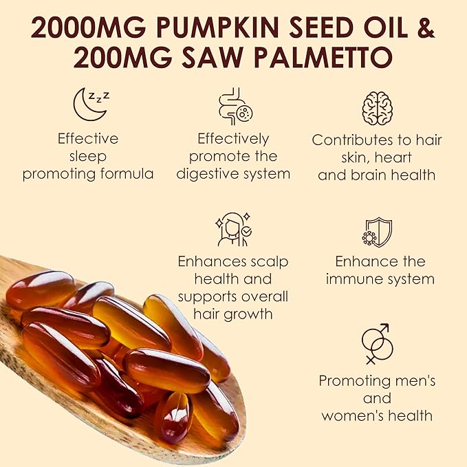 Pumpkin Seed Oil Capsules, 2 in 1 Pumpkin Seed Oil for Hair Growth, 2000mg Per Serving with Saw Palmetto, Cold Pressed, Supports Hair, Heart, Skin Herbal Supplement, Non-GMO, Gluten Free, 60 Softgels