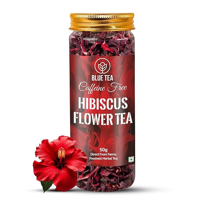 BLUE TEA - Hibiscus Tea - 1.76 Oz (50+ Cups) Loose | SKIN GLOW ENHANCING TEA | Herbal Tea - Flower Based - Non-Bitter - Caffeine Free - Tangy Flavour - Vitamin-C Rich | Pet Jar Pack