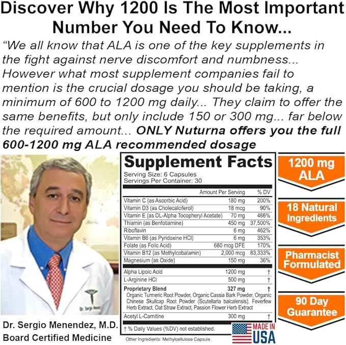 Neuropathy Support Supplement with 1200 mg HP-99 Alpha Lipoic Acid - Max Strength ALA Nerve Formula for Feet Hands Fingers Legs - Ultra Potent 18 in 1 Natural Peripheral Nerve Vitamins - 180 Capsules