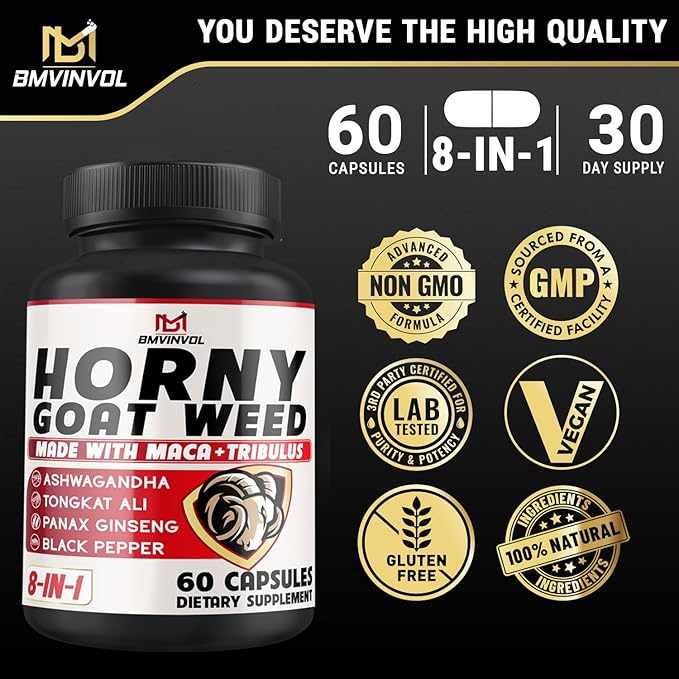 BMVINVOL Horny Goat Weed Capsules with Panax Ginseng, Tribulus, Ashwagandha, Maca, Tongkat Ali, Nettle, Black Pepper - 60 Capsules