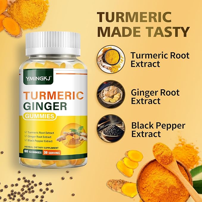 Turmeric Ginger Gummies with Black Pepper, 500 mg Turmeric Curcumin Supplement for Immune Support, Healthy Skin, and Mobility 60 Count Non-GMO Gluten-Free