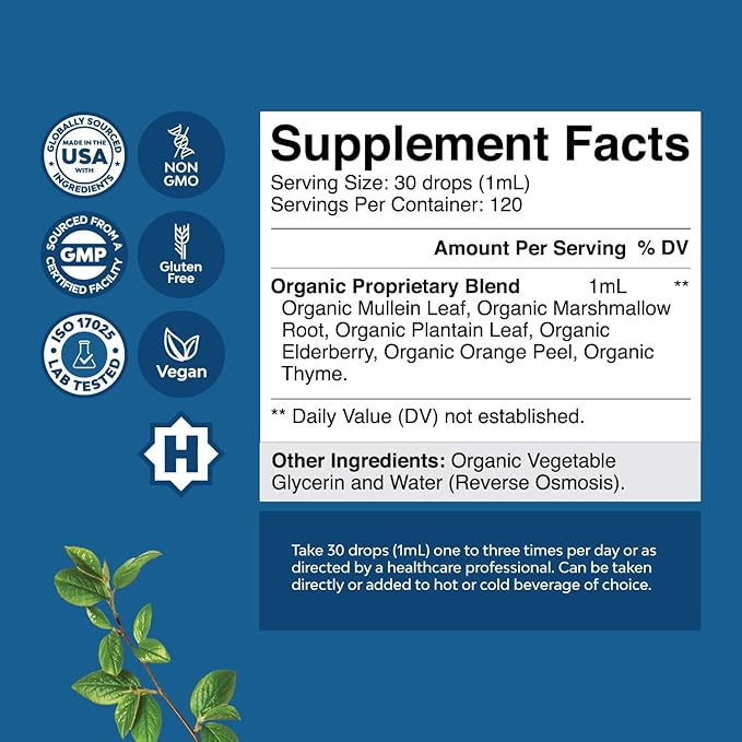 USDA Organic Mullein Drops for Lungs - Herbal Lung Detox & Cleanse with Marshmallow Root Extract & Plantain Leaf for Respiratory Lung Health - Mullein Leaf Tincture Drops Breathing Support - 2 Pack