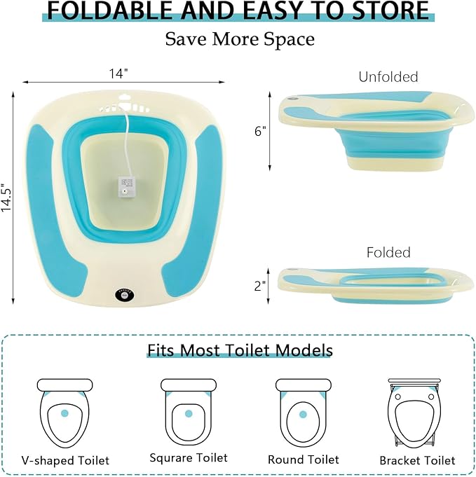 Electric Sitz Bath, Sitz Bath for Hemorrhoids, Sitz Bath for Toilet Seat, Sitz Bath for Postpartum Care, Sits Bath for Women Men Adults, Sitz Bath Soak Salts Basin, Hip Bath Bowl, Foldable, Blue