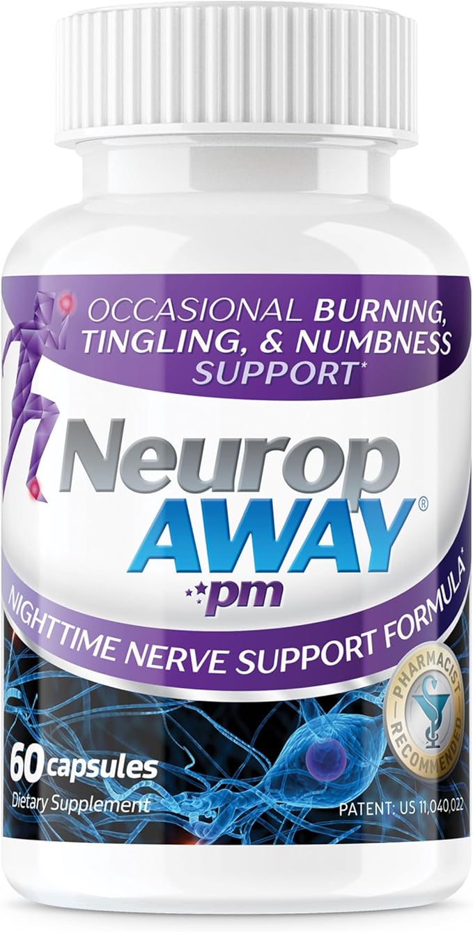 NeuropAWAY Nerve Support PM, with R-Alpha Lipoic Acid to Help Provide Nerve Relief in as Little as 5 Days, Acetyl-L-Carnitine, Theanine, Melatonin, and Methylcobalamin, 60 Capsules