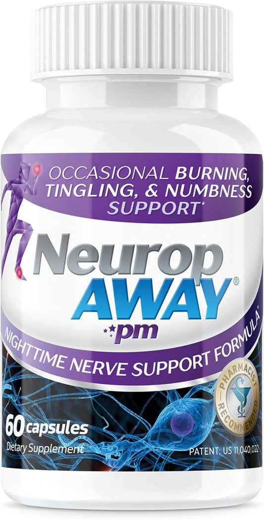NeuropAWAY Nerve Support PM, with R-Alpha Lipoic Acid to Help Provide Nerve Relief in as Little as 5 Days, Acetyl-L-Carnitine, Theanine, Melatonin, and Methylcobalamin, 60 Capsules