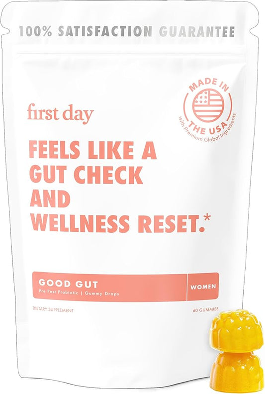 FIRST DAY Women’s Good Gut Tribiotic Gummies – 3-in-1 Prebiotic, Probiotic & Postbiotic Supplement – Supports Immune Function and Digestive, Oral, Skin & Vaginal Health – 30-Day Supply