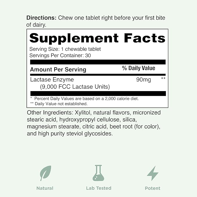 Yuve Natural Fast Acting Dairy Relief Delicious Chewables - Lactase Enzyme 9000 FCC - Say Goodbye to Dairy Discomfort from Lactose Intolerance - Strawberry Cream Flavor - 30ct