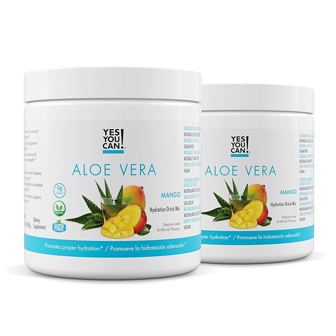 Yes You Can! Organic Aloe Vera Powder Drink Mix - Hydration Booster Infused with Pure Aloe Juice - Delicious Flavors - Made in USA - Antioxidant Rich - Mango Flavor - 40 Servings Per Canister (2 Pack)