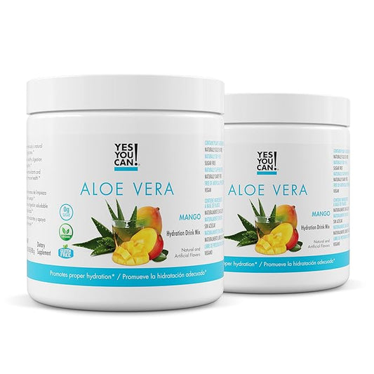 Yes You Can! Organic Aloe Vera Powder Drink Mix - Hydration Booster Infused with Pure Aloe Juice - Delicious Flavors - Made in USA - Antioxidant Rich - Mango Flavor - 40 Servings Per Canister (2 Pack)