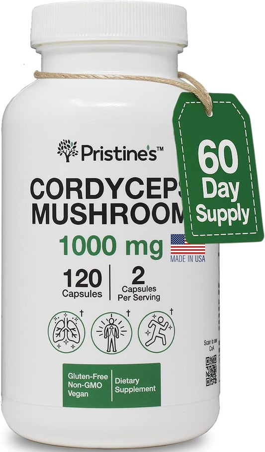 PRISTINE'S Cordyceps Mushroom Capsules - 60 Day Supply 1000 MG - Athletic Performance, Endurance & Immunity Adaptogen Supplement - Anti Aging Support Antioxidant