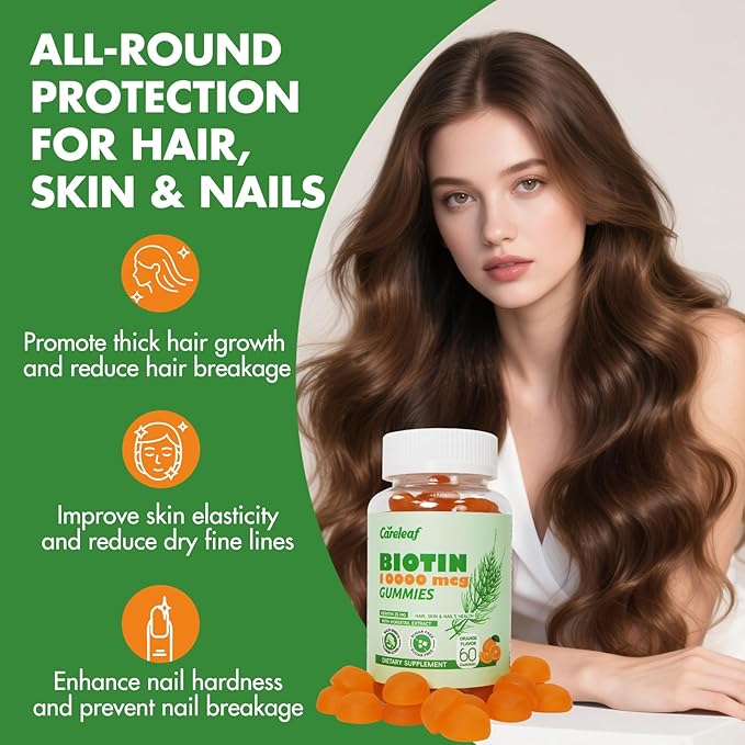 Sugar Free Biotin Gummy Hair, Nails & Skins Gummies-2500mcg Enhanced Hair, Skin & Nails Supplement Orange Flavor 60 Cts/Bottle