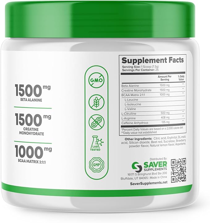 Pre Workout Powder with Beta Alanine, Creatine Monohydrate, BCAA, L Citrulline, L Arginine and Caffeine - Strawberry Lemonade Flavor - 25 Servings