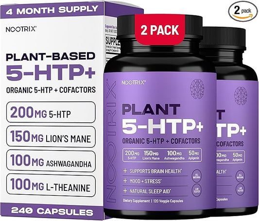 Organic Plant 5 HTP+ Supplement | Supports Memory, Mental Focus, Cognitive Health & Energy | Promotes Healthy Mood & Brain Function | Vitamin B6 & L Theanine | 240 Capsules