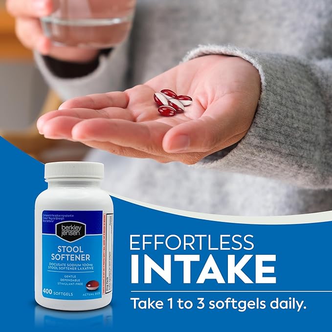 berkley jensen Stool Softener Laxative, Docusate Sodium 100 mg, Stimulant-Free Gentle Dependable Constipation Relief - Helps Promote Regular Bowel Movements, 400 Softgels (Pack of 1)