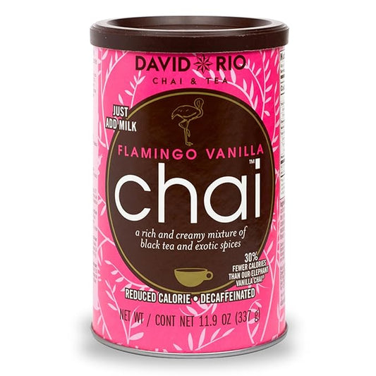 Flamingo Vanilla Decaffeinated Reduced Calorie Chai Tea Latte Mix, 11.9 Oz, Decaf Black Tea, Organic Spices, Sugar Free, Dairy Free, Serve Hot or Cold, Just Add Water or Milk, 18 Servings