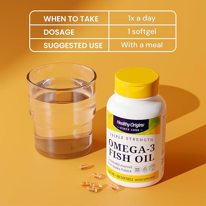 Healthy Origins Triple Strength Omega 3 Fish Oil 1250mg from Wild Alaska Pollock, with DHA, EPA & Omega 3s, Gluten-Free Non-GMO 180 Softgels