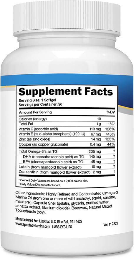 Eye Vitamin and Mineral Supplement - 90 Softgels, 3-Month Supply - Supplement with Lutein, Zeaxanthin and Omega 3 for Healthy Eyes