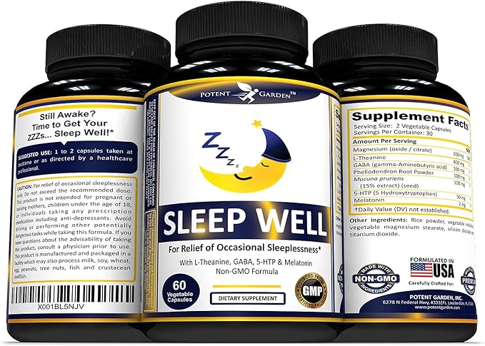 Potent Garden Sleep Well Sleep Aid Contains Melatonin Valerian Root L-Theanine GABA & More, Natural Sleep Aid Non-Habit Forming Sleep Aids for Adults with 60 Veggie Caps