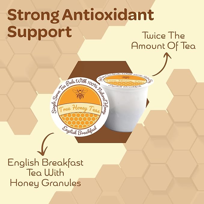 True Honey English Breakfast Tea Pods - Honey Crystals Blended in Every Tea Pod - Strong Antioxidant Support - All Natural Organic Herbal Caffeinated Tea 22 Count