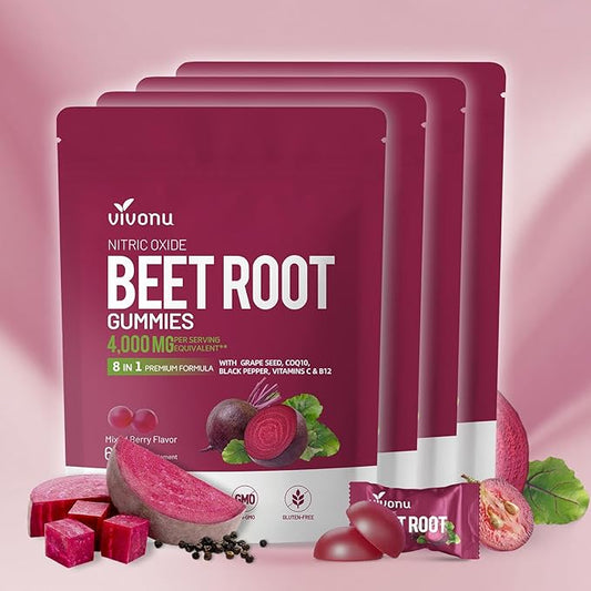 Super Beetroot Gummies 8-in-1 Premium Energy Supplement with CoQ10, Beetroot Extract, Grape Seed Extract, Black Pepper Extract, Vitamins C & B12, L-Arginine & L-Citrulline