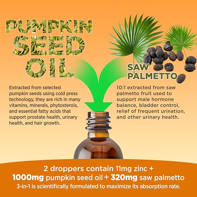 Pumpkin Seed Oil - Organic Pumpkin Seed Extract Supplements Liquid Drops with Saw Palmetto for Hair Growth, Prostate & Urinary Health, Cold Pressed, Lemon, Vegan, Non-GMO, 2 Fl Oz
