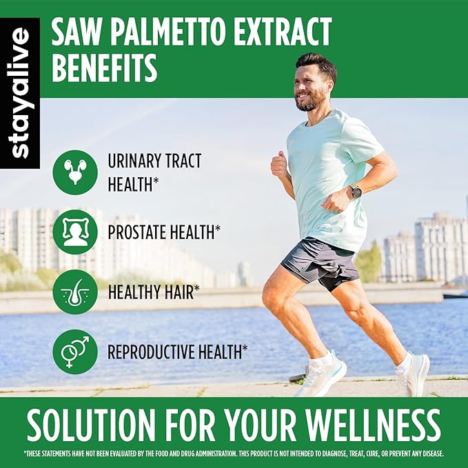 STAY ALIVE Saw Palmetto Extract Capsules w/Cranberry & Pumpkin Seed Oil, 120 Vegan Pills for Hair, U.T & Prostate, Pure Saw Palmetto for Men and Women, Non-GMO, Gluten Free Pumpkin Seed Supplement
