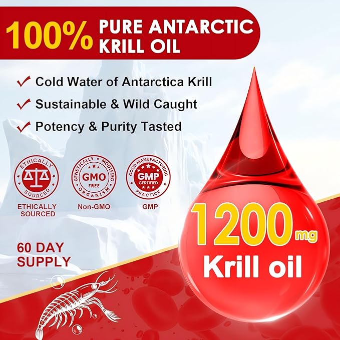 NATURE TARGET Krill Oil 1200mg with Omega-3 EPA & DHA with Astaxanthin, Phospholipids & Choline - Supports Heart, Brain, Join Health, Non-GMO, Gluten Free, 120 Softgels (60 Servings)
