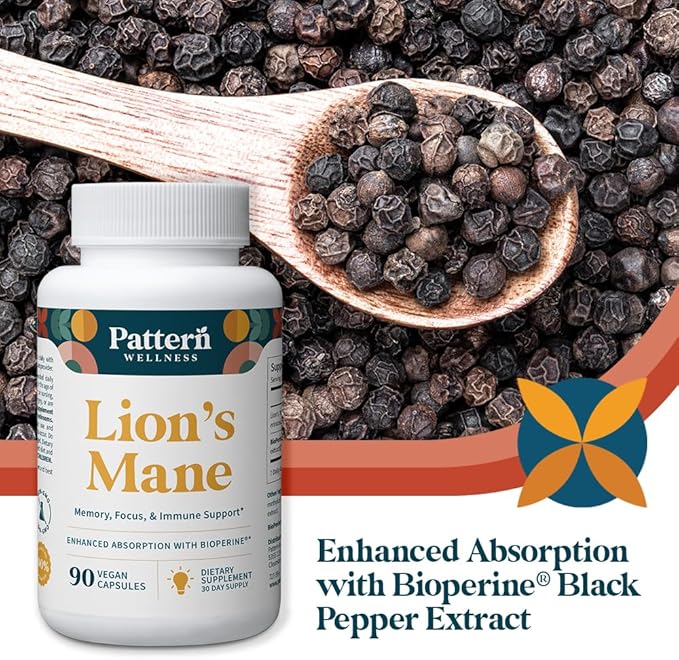 Pattern Wellness Lion’s Mane Mushroom – Supplement Capsules for Cognitive & Focus Support – Enhanced Absorption – 90 Vegan Capsules