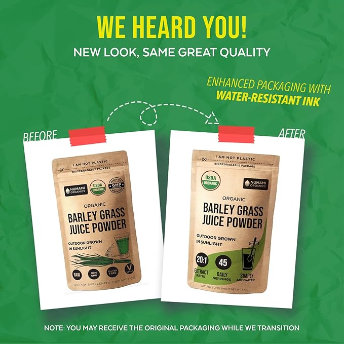 Numami Organic Barley Grass Juice Powder, Grown in USA, Pure Raw and Water Soluble, Add to Your Smoothie or Drink as a Juice