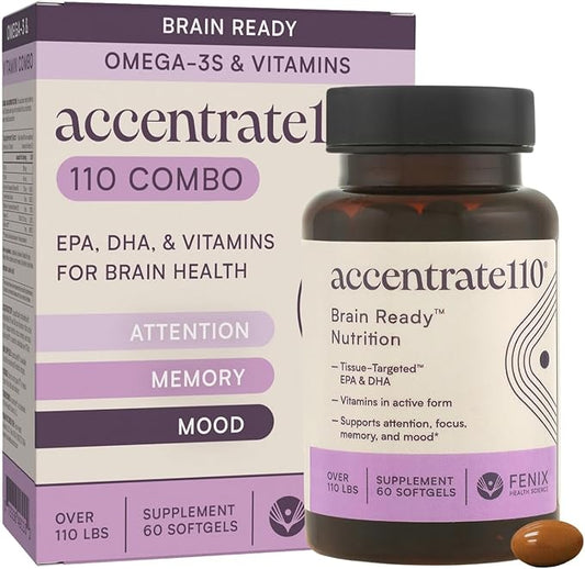 Accentrate110 - Focus Supplement - Methylated Vitamin B Complex with Omega 3 Fatty Acid Supplement - L-Methylfolate, Vitamin B12, P-5-P, Riboflavin, VIT D, – 60 Softgels (1 Month Supply)