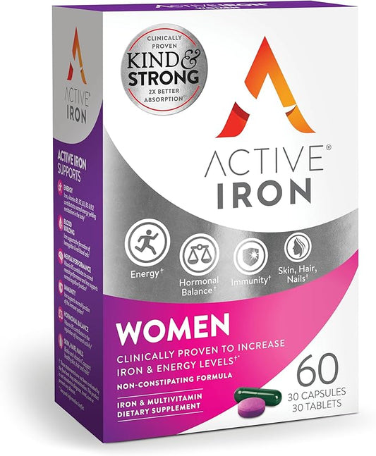 Iron Supplement 25mg + Multivitamin for Women – Clinically Proven to Increase Energy & Reduce Tiredness – Gentle, Non-Constipating Iron + Women’s Multivitamin – 30 Capsules + 30 Tablets