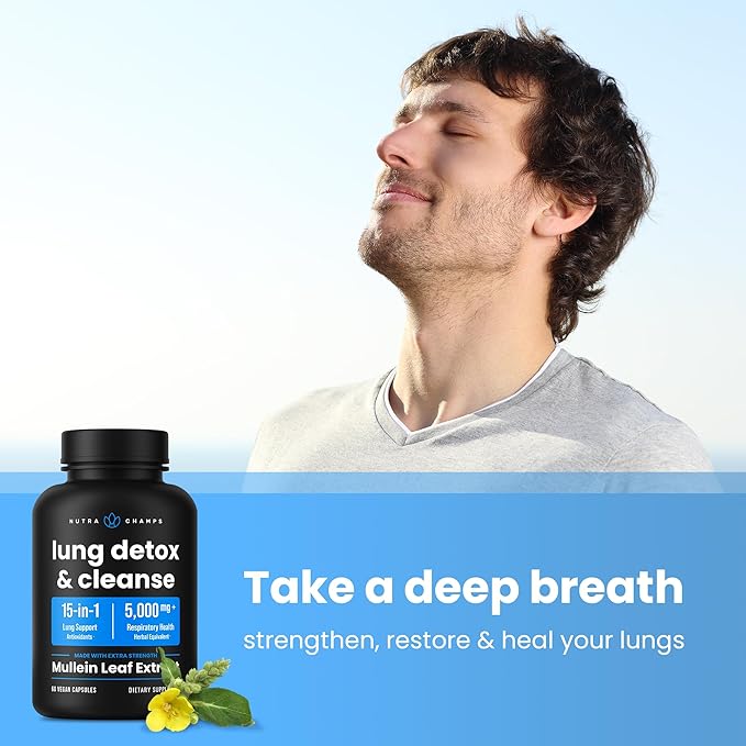 NutraChamps Mullein Leaf Extract for Lung Detox 3000mg Extra Strength Lung Cleanse for Smokers, Mullein Capsules Lung Support Supplement for Respiratory Lung Health