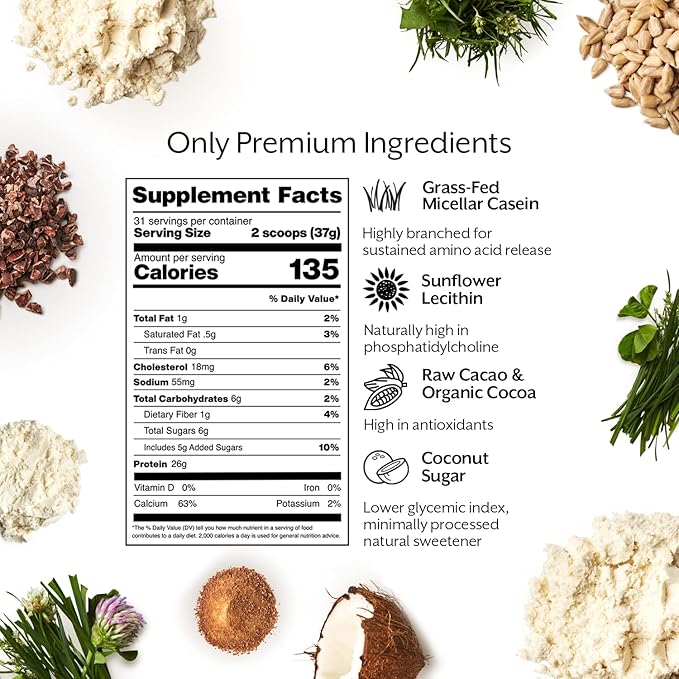 ProMix Nutrition Casein Protein Powder - Grass-Fed, Pasture Raised, Slow Release 25g Micellar Casein - 5.4g BCAAs Gluten Free, Sugar Free, Soy Free - Chocolate, 5lb